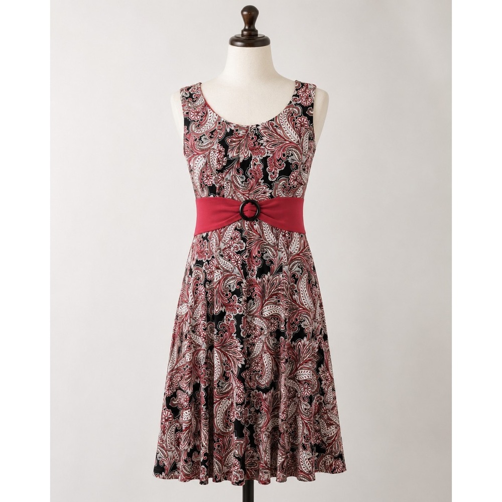 Perceptions New York Paisley Dress Women's Large Red Black White Sleeveless Ring